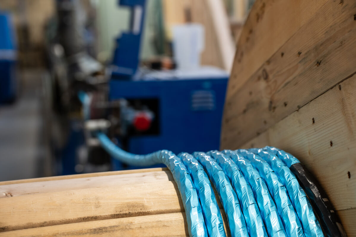 Blue multi-core cable coming off the line