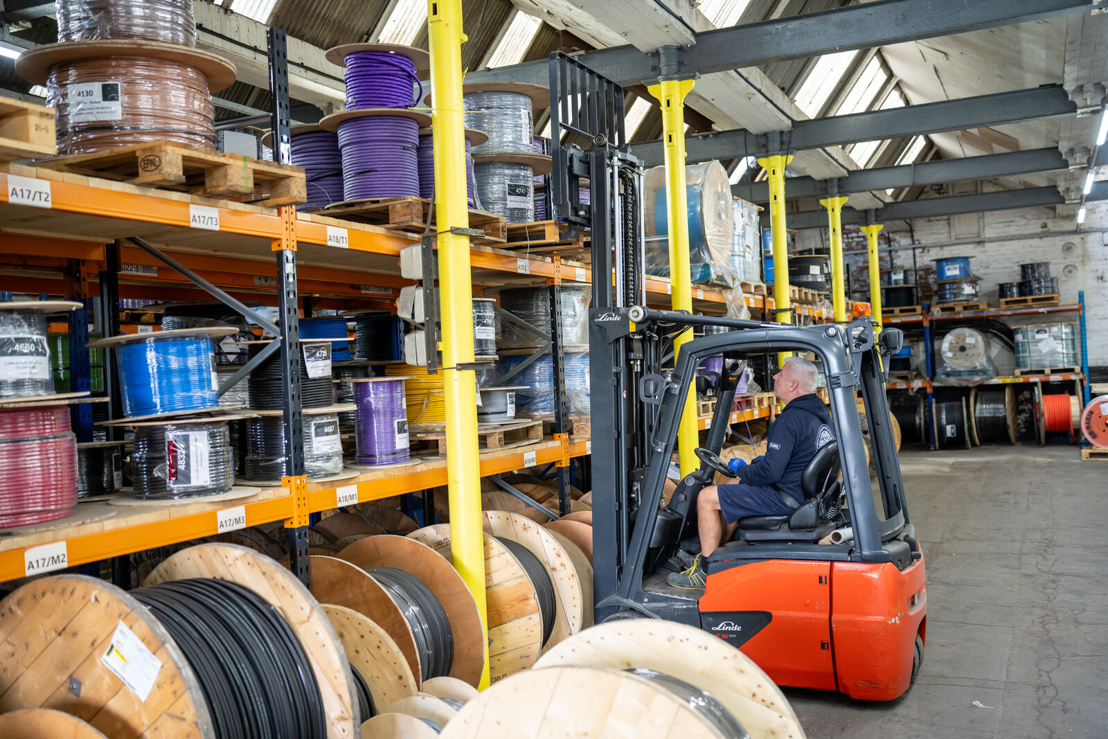 Cable drums stocked in the warehouse